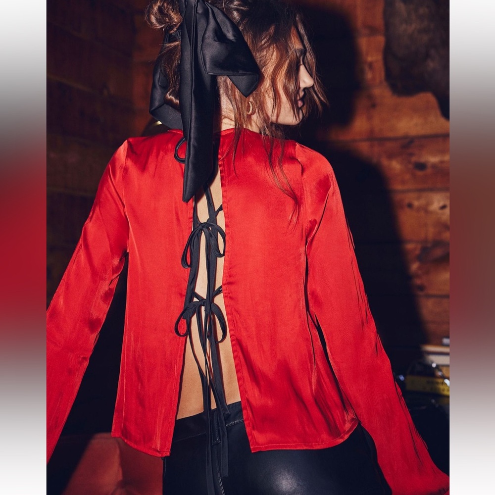 Red Satin Lace-Up Blouse Free People S